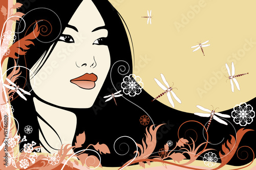 asian girl on a floral background