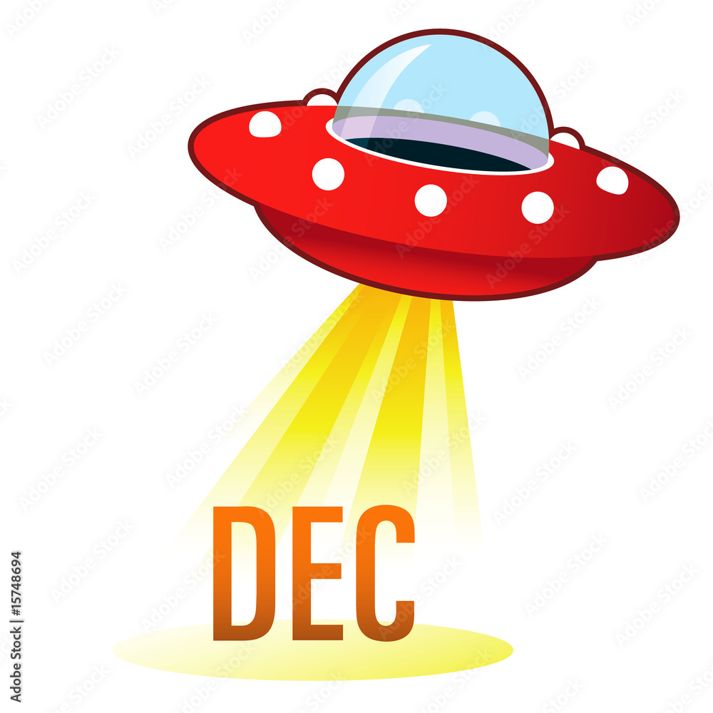 December calendar month icon on retro flying saucer UFO December calendar month icon on retro flying saucer UFO