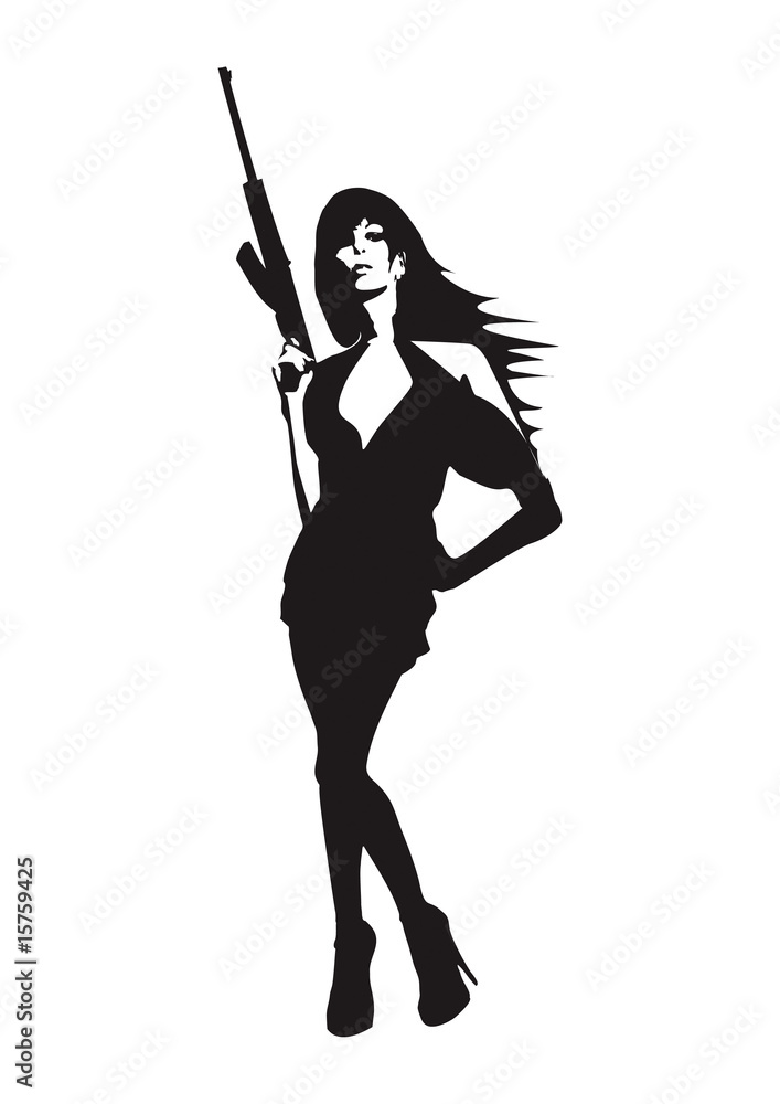 Cooles, sexy weibliches Model mit automatischer Waffe Cooles, sexy weibliches Model mit automatischer Waffe
