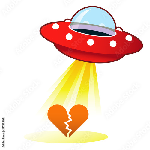 Broken heart icon on retro flying saucer UFO