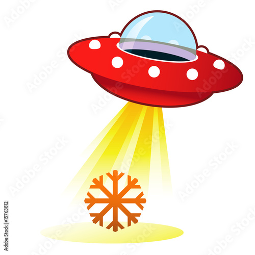 Snowflake or winter icon on retro flying saucer UFO