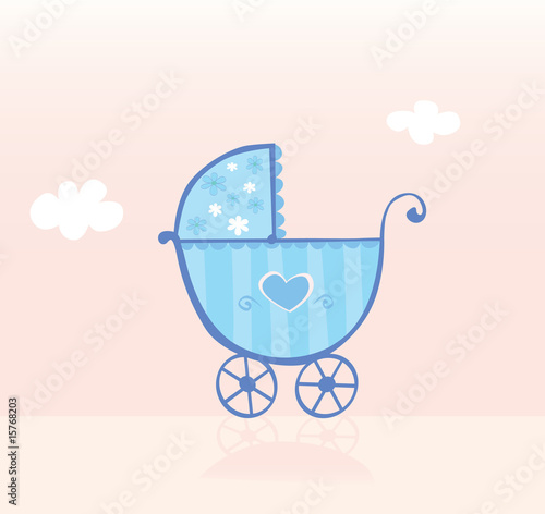 Blue pram or stroller for baby boy. Vector Illustration.