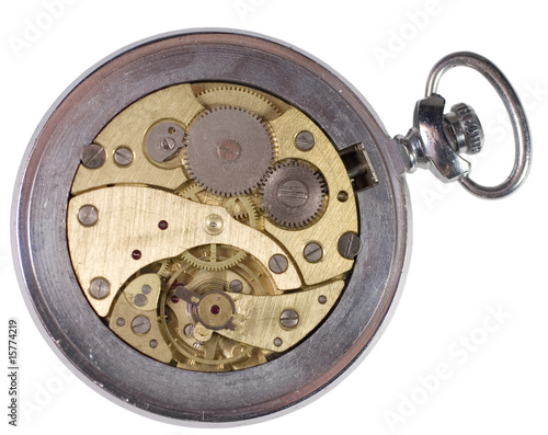 Closeup of an old watch mechanism (isolated on white)
