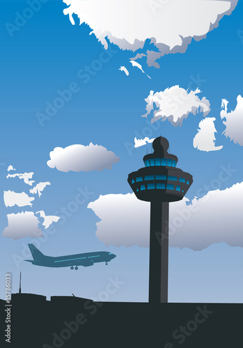 Vector illustration of airport control tower and flying airplane