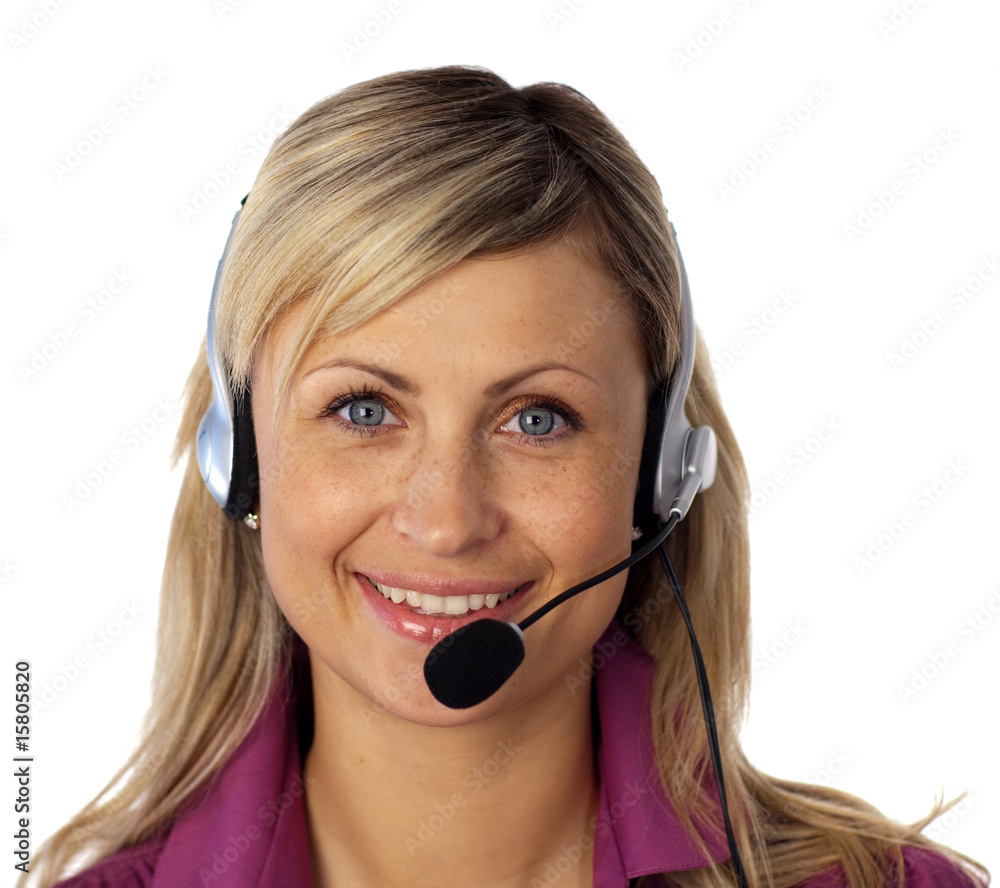 Young business woman talking on a headset Young business woman talking on a headset