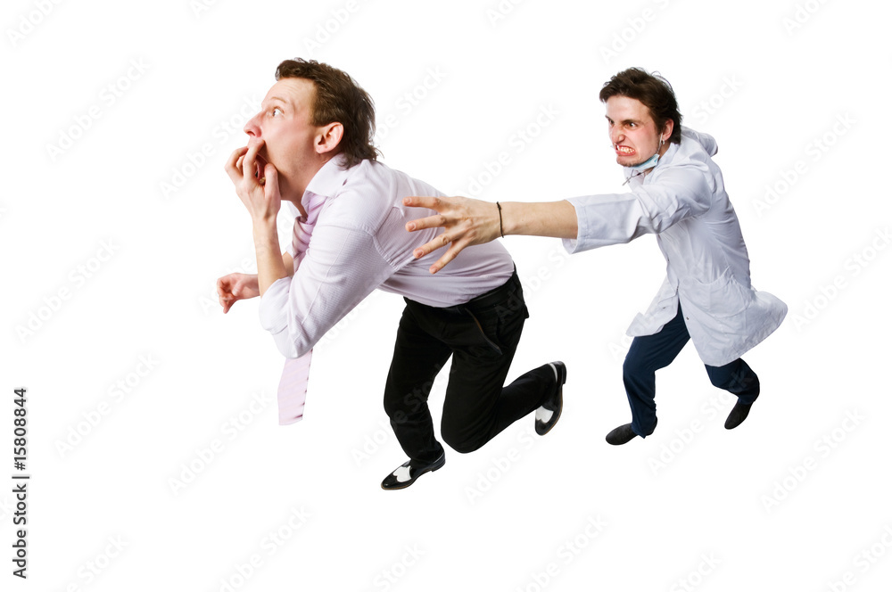 Patient running away from a doctor Patient running away from a doctor