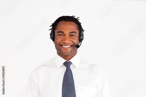 Smiling Afro-American with a headset on