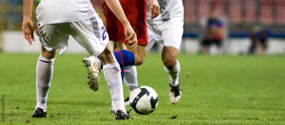 Soccer players fighting for the ball - obrazy, fototapety, plakaty 