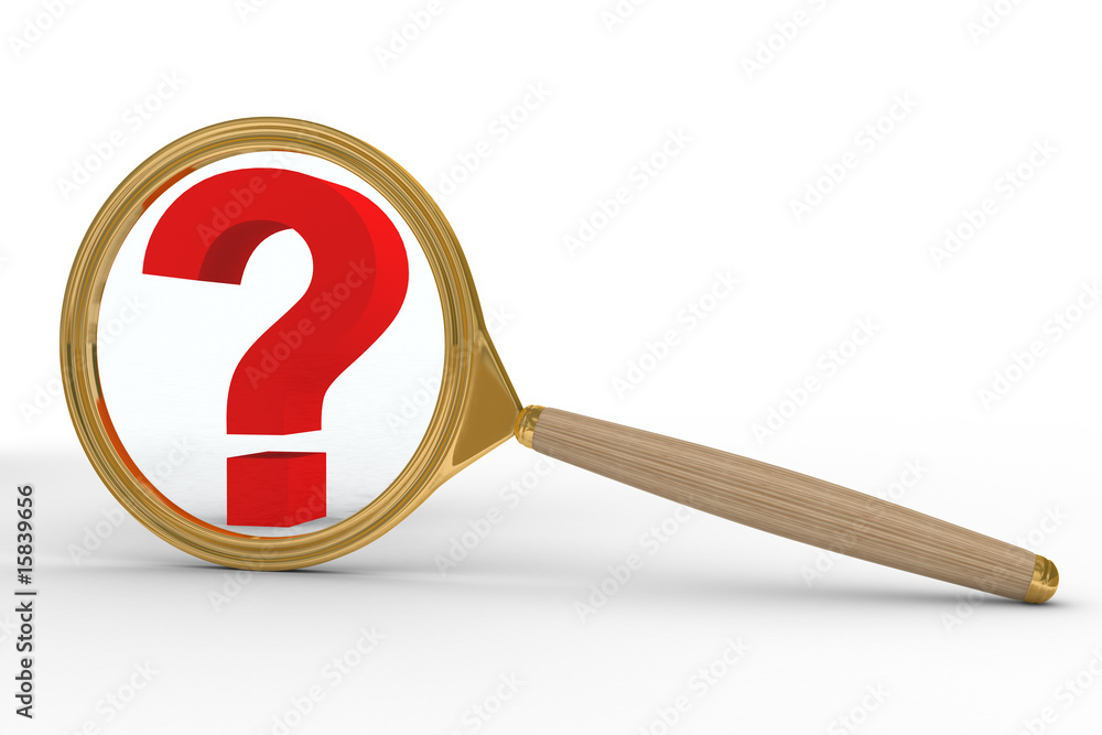 Magnifier and question on white background. Isolated 3D image Magnifier and question on white background. Isolated 3D image