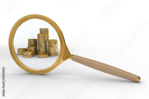 Magnifier and money on whit...
