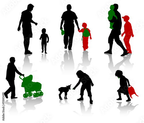 The isolated silhouettes of parents with children.