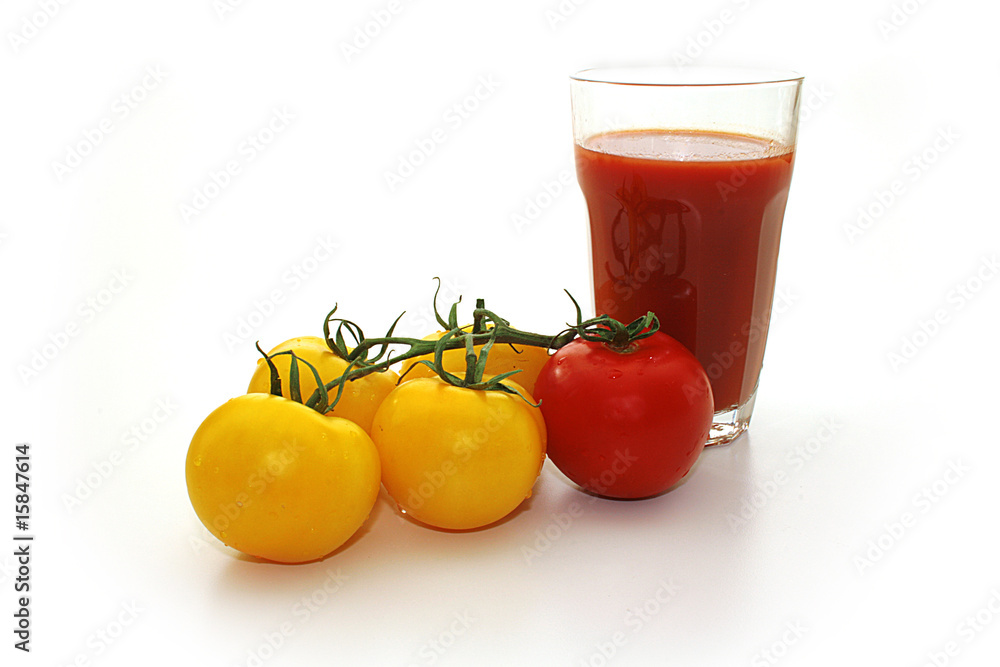 Yellow tomatos and red tomato, juice Yellow tomatos and red tomato, juice