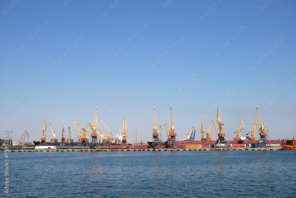 Panorama of trading seaport with cranes