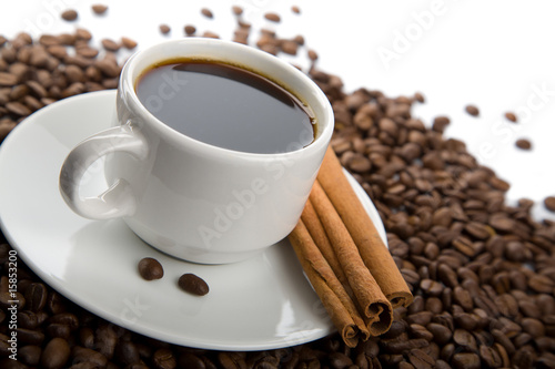 cup of coffee and roasted beans isolated