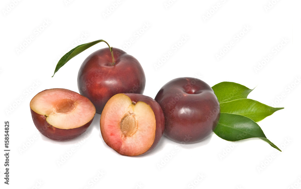 Plum and sections isolated on white background