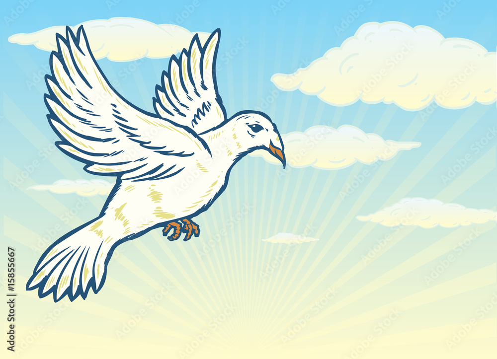 Dove in flight against a bright blue sky illustration Dove in flight against a bright blue sky illustration