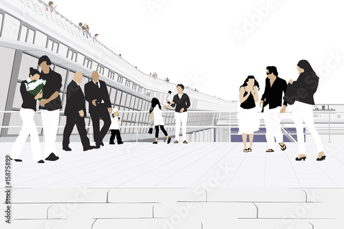 cheerful people in front of modern shopping mall