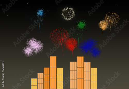Colorful Fireworks over the City buildings