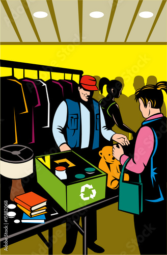 Man and woman in market buying and selling