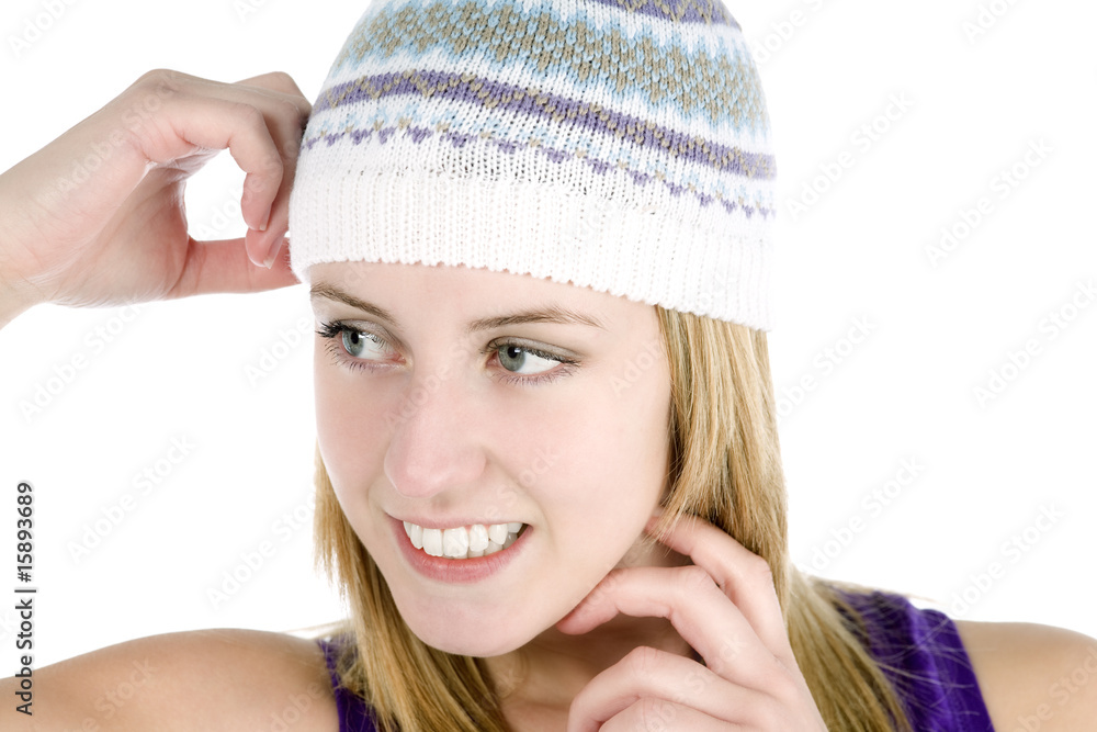 Female model on white background with hat Female model on white background with hat