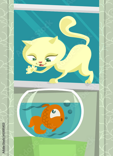 cartoon cat hunting fish vector photo