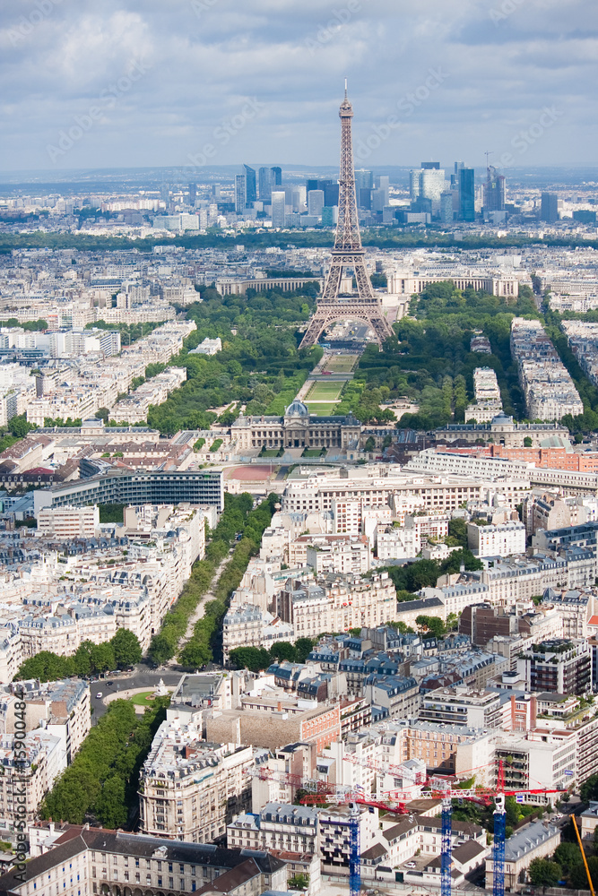 Aerial view of Eiffel tower and La Defense
