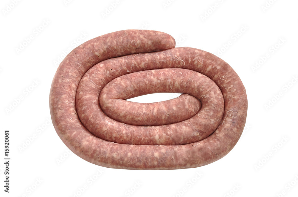 Fotografie Raw sausage isolated over white with clipping path..