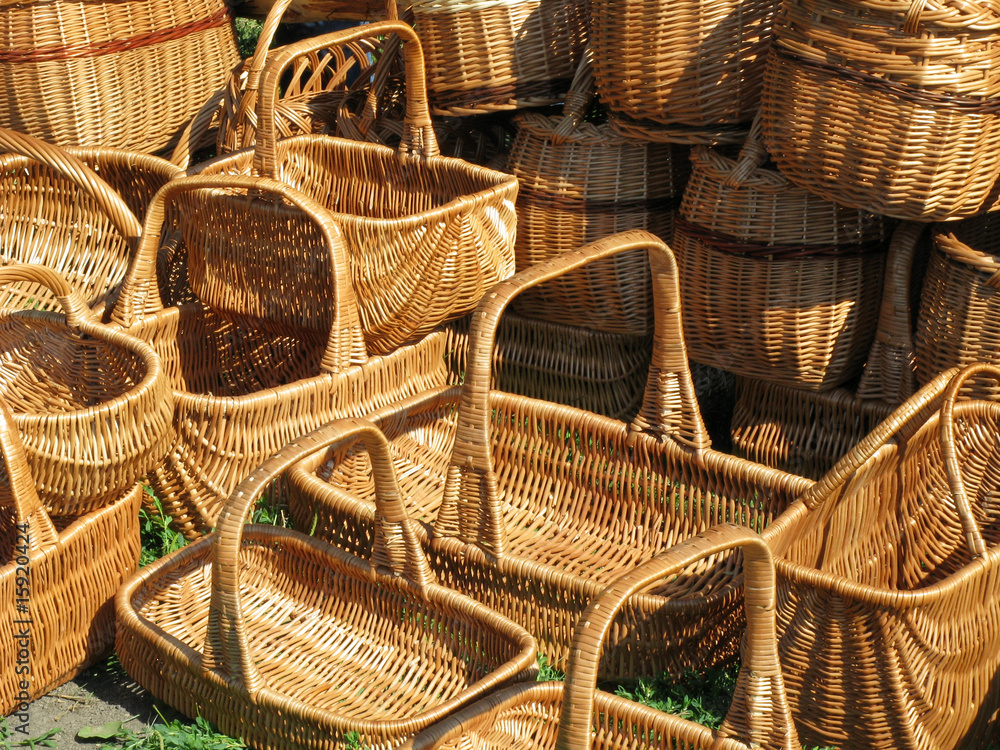Ukrainian traditional bast baskets on the land.