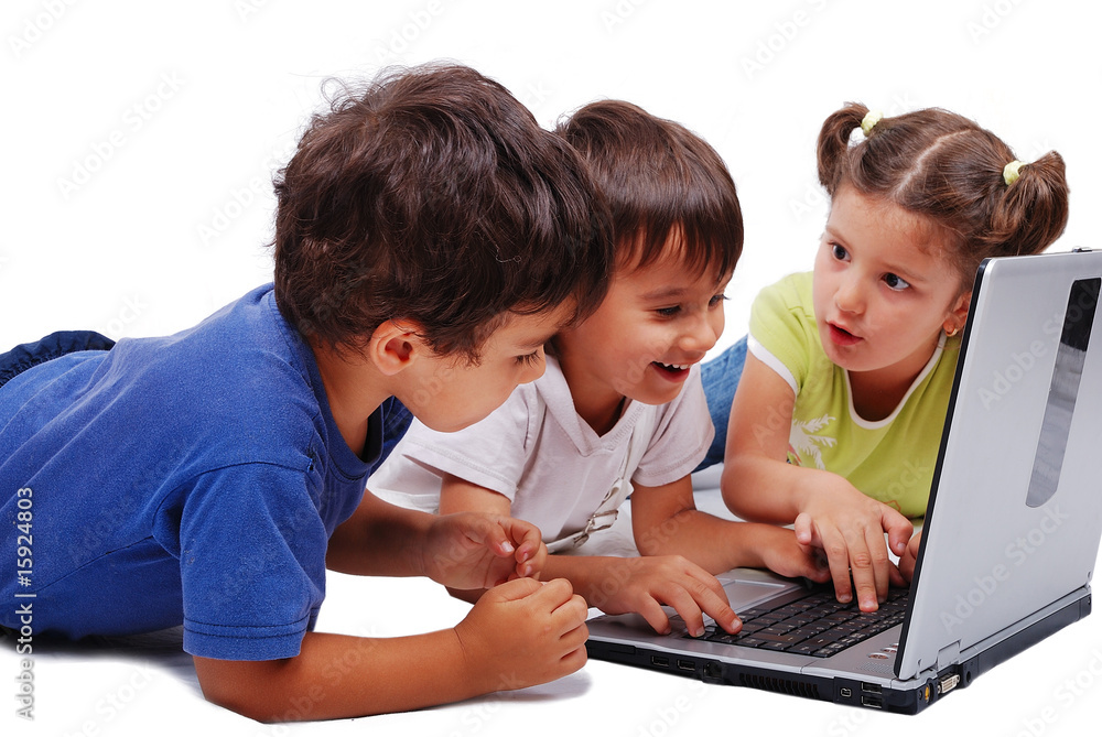 Chidren activities on laptop isolated in white Chidren activities on laptop isolated in white