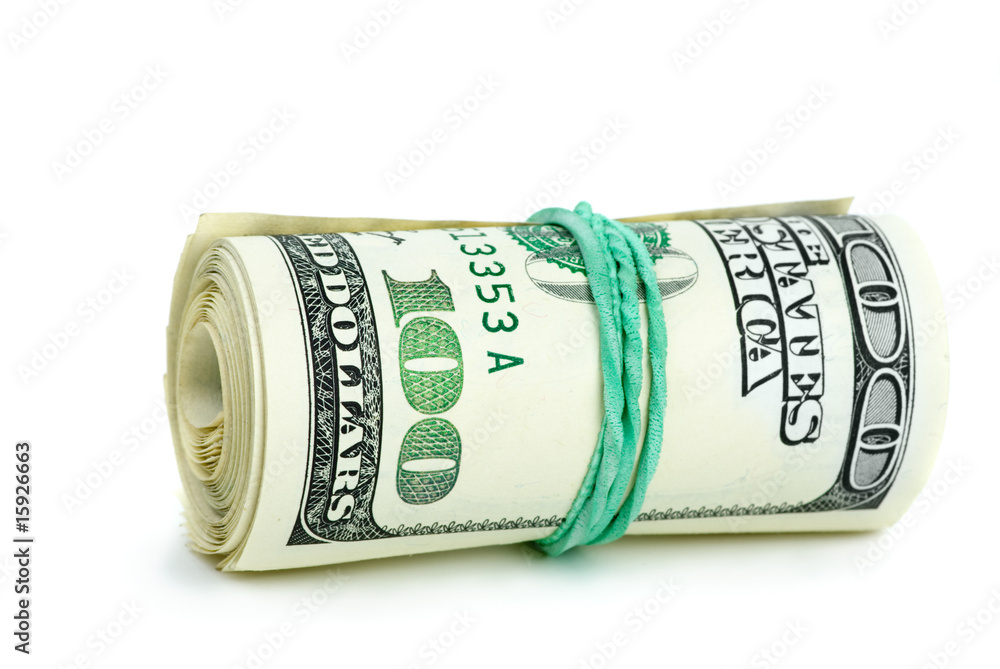 Roll of $100 banknotes tightened with rubber band Roll of $100 banknotes tightened with rubber band