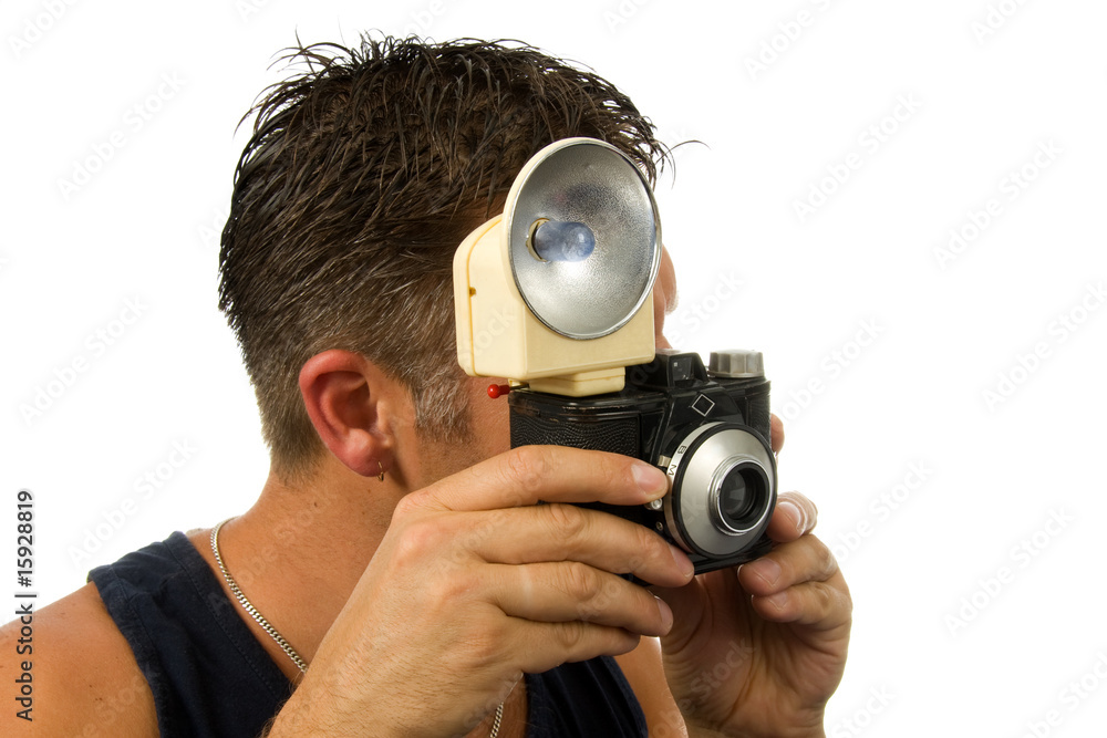 Man with old fashioned photo camera Man with old fashioned photo camera