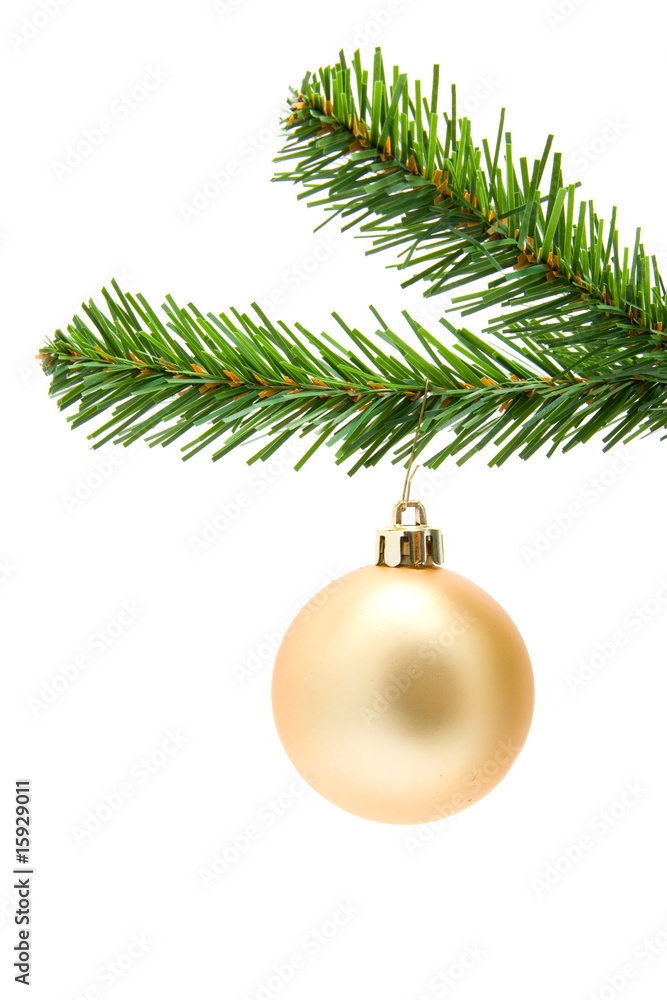 golden christmas ball on a tree over white background golden christmas ball on a tree over white background