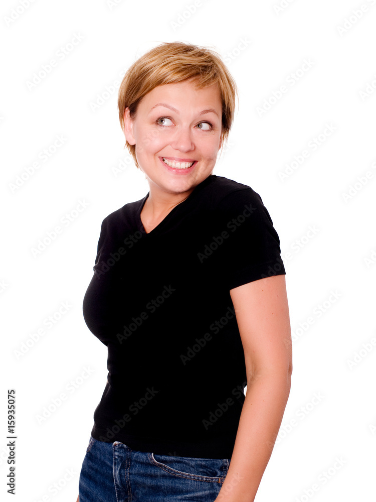 smiling blond woman over white background smiling blond woman over white background