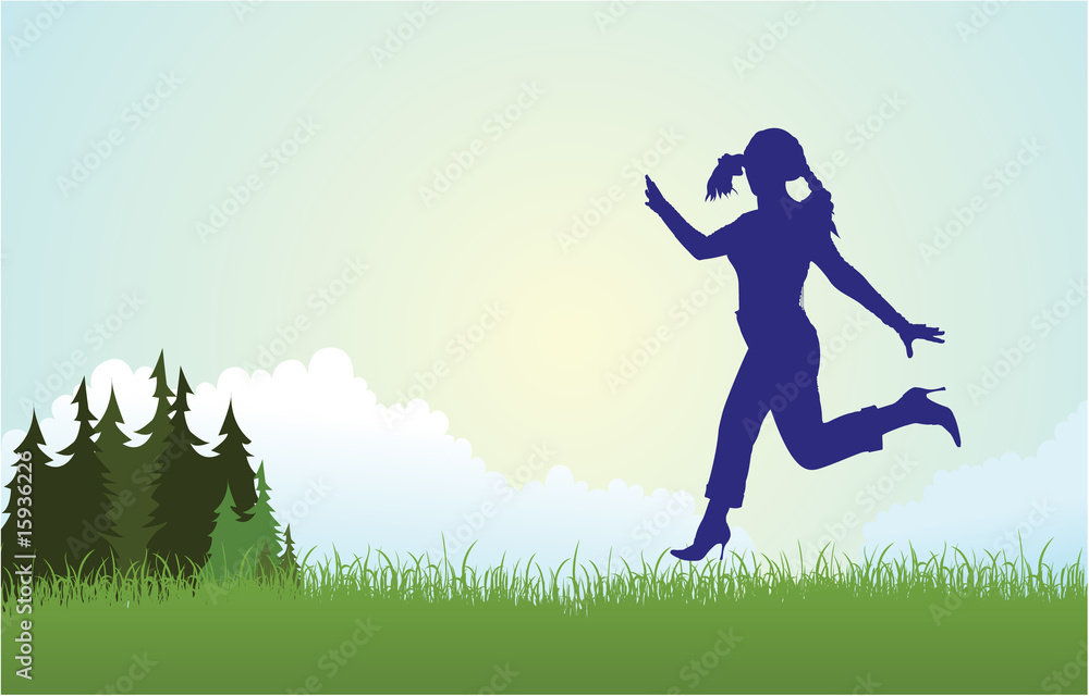 Beautiful woman full body silhouette running on meadow vector Beautiful woman full body silhouette running on meadow vector