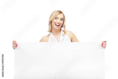 Laughing lady with blank board photo