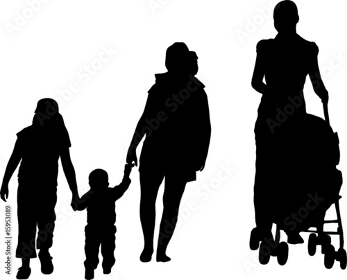 Silhouette of mother with baby buggy and kids