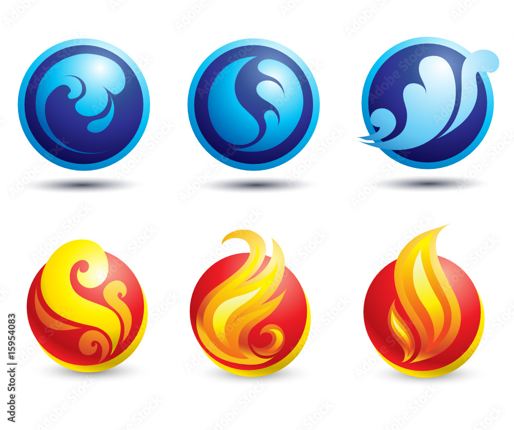 Set of hot fire and water web icons