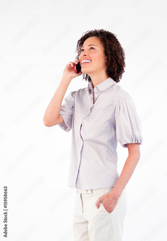 Businesswoman talking on phone looking upwards Businesswoman talking on phone looking upwards