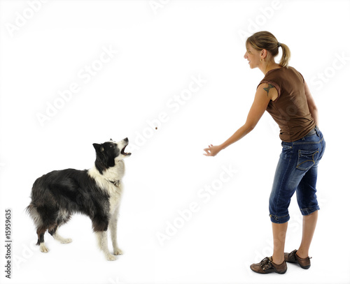 maitresse lançant une croquette à son chien - récompense