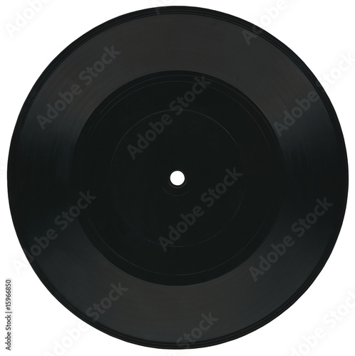 Vintage Vinyl 33rpm record, black label, clipping path closeup, plastic material isolated on white background,  retro disco music entertainment