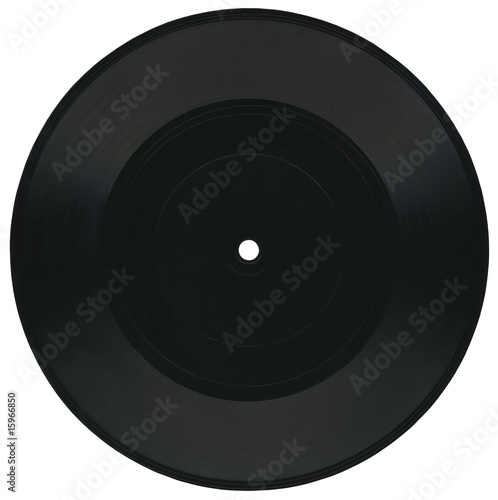 Vintage Vinyl 33rpm record, black label, clipping path closeup, plastic material isolated on white background, retro disco music entertainment