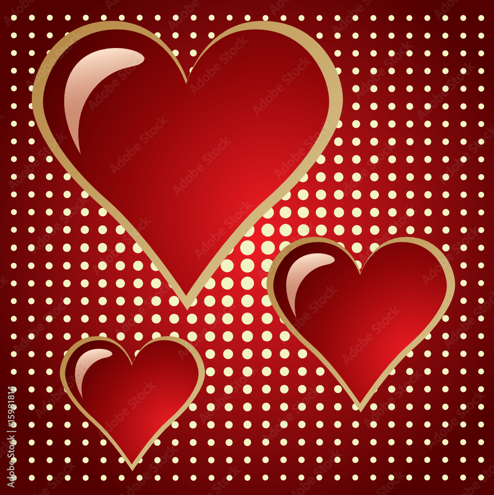 three of bright red hearts on doted background