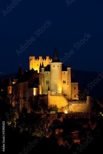 Alcazar fortress at night, Segovia, Castile and Leon, Spain