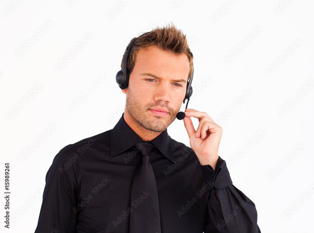 Thoughtful customer service representative man Thoughtful customer service representative man