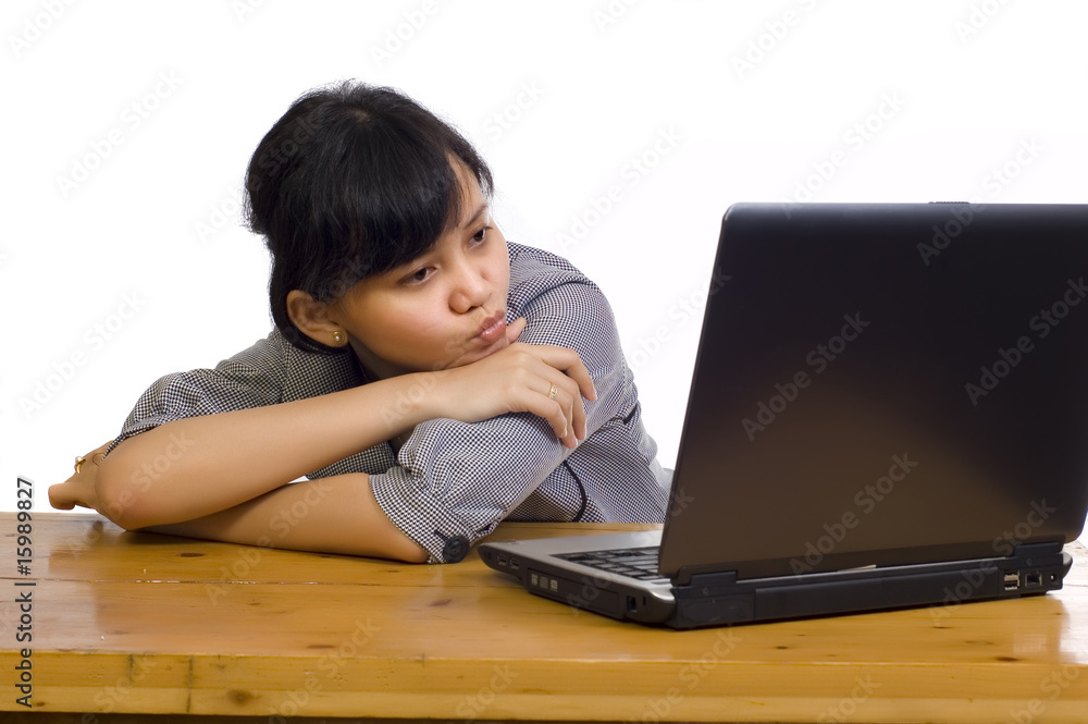 Business Woman Stress Using Laptop on White Background Business Woman Stress Using Laptop on White Background