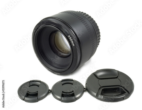 Isolated Black Camera Lens and lens Cap