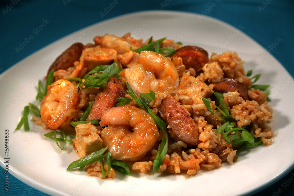 Shrimp, Chicken, and Beef Jumbalaya with Scallions Shrimp, Chicken, and Beef Jumbalaya with Scallions