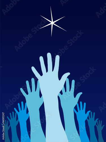 Raised hands trying to reach a dream star