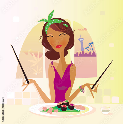 Girl with sushi in attractive japanese restaurant. VECTOR.