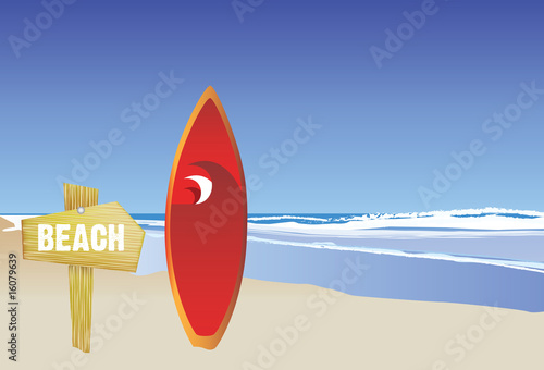 illustration of a modern style beach and surfboard